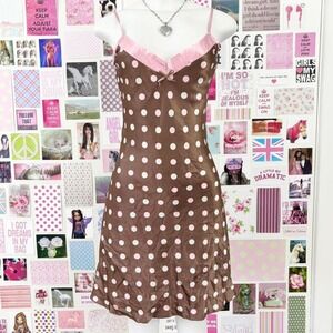 y2k brown pink polka dot satin slip dress